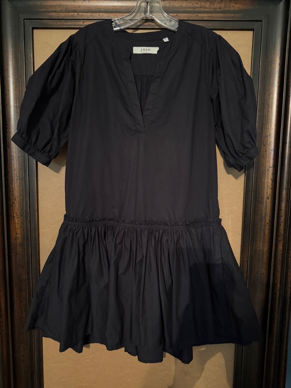 Joie Black V-Neck Cotton Puff-Sleeve Gathered Drop Waist short dress